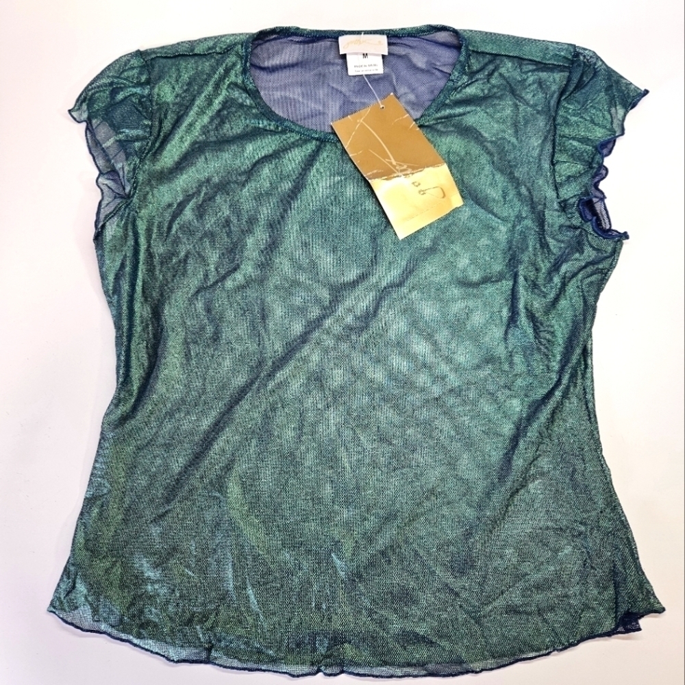 NEW Vintage Gottex Green Blue Metallic Mesh Short Sleeve Top Medium Rave